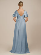 KissDress-Junia Dusty Blue A Line V Neck Chiffon Cap Sleeves Long Bridesmaid Dress with Slit