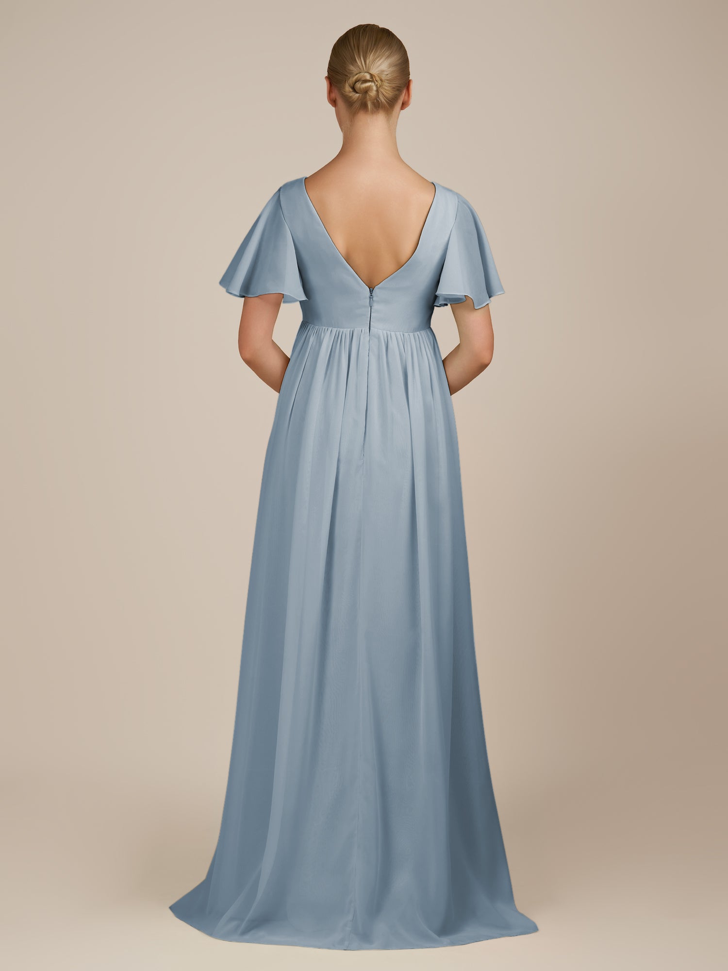 KissDress-Junia Dusty Blue A Line V Neck Chiffon Cap Sleeves Long Bridesmaid Dress with Slit