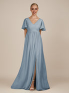 KissDress-Junia Dusty Blue A Line V Neck Chiffon Cap Sleeves Long Bridesmaid Dress with Slit