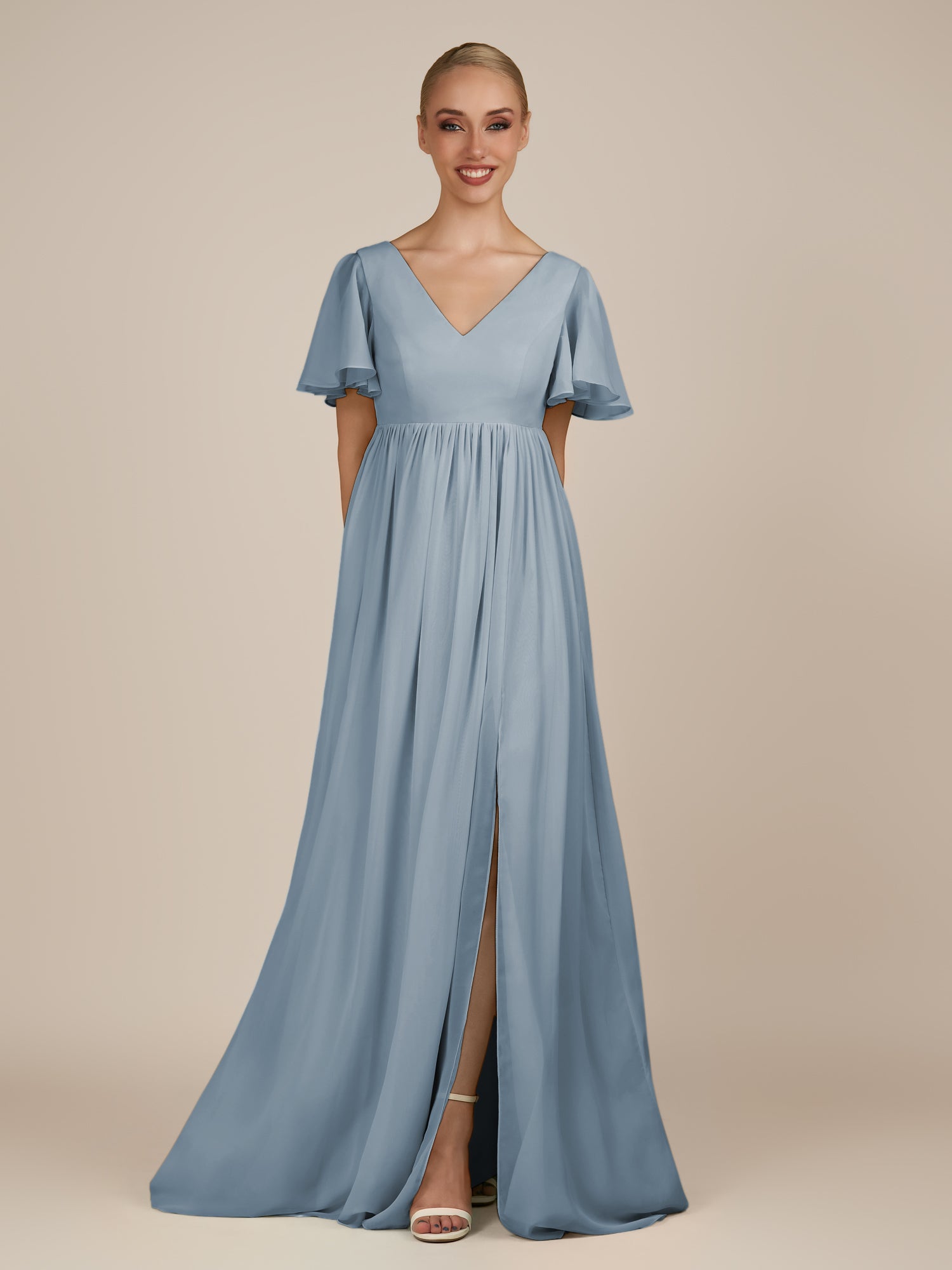 KissDress-Junia Dusty Blue A Line V Neck Chiffon Cap Sleeves Long Bridesmaid Dress with Slit