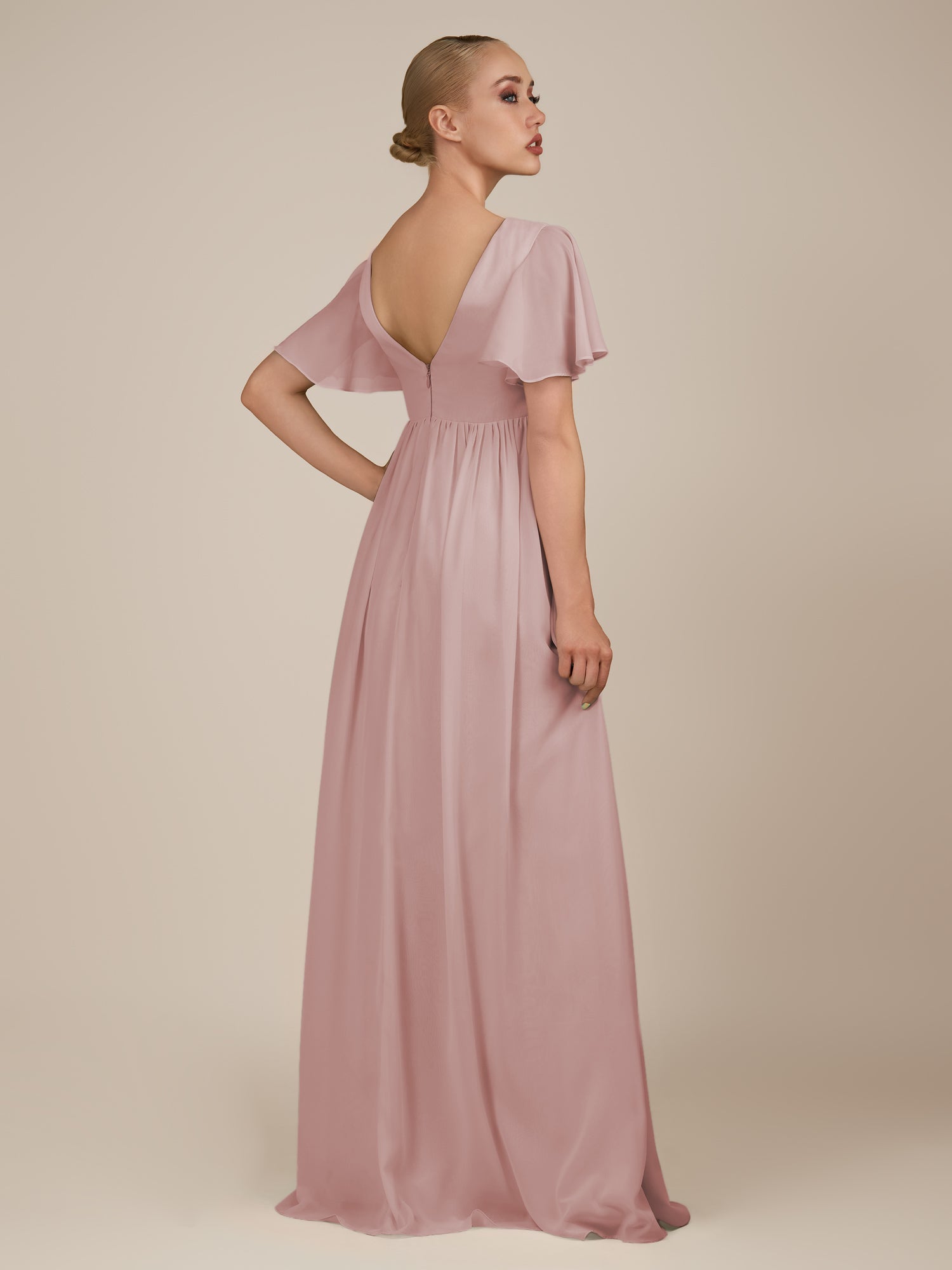KissDress-Junia Dusty Rose A Line V Neck Chiffon Cap Sleeves Long Bridesmaid Dress with Slit
