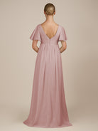 KissDress-Junia Dusty Rose A Line V Neck Chiffon Cap Sleeves Long Bridesmaid Dress with Slit