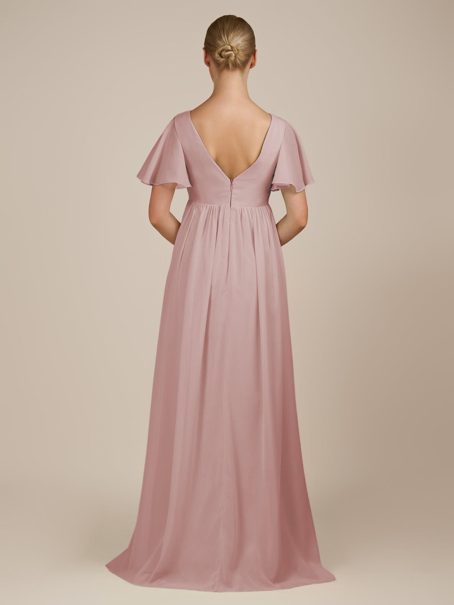 KissDress-Junia Dusty Rose A Line V Neck Chiffon Cap Sleeves Long Bridesmaid Dress with Slit
