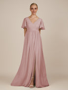 KissDress-Junia Dusty Rose A Line V Neck Chiffon Cap Sleeves Long Bridesmaid Dress with Slit