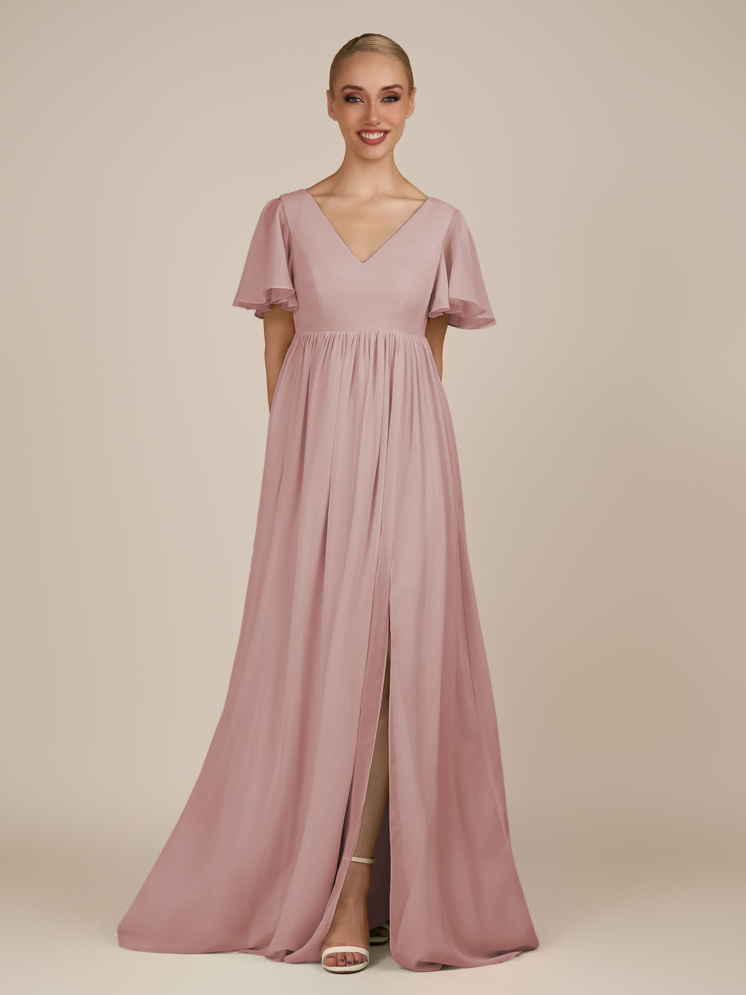KissDress-Junia Dusty Rose A Line V Neck Chiffon Cap Sleeves Long Bridesmaid Dress with Slit
