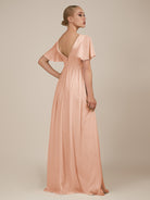 KissDress-Junia English Rose A Line V Neck Chiffon Cap Sleeves Long Bridesmaid Dress with Slit