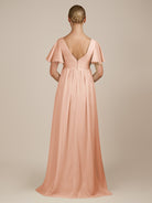 KissDress-Junia English Rose A Line V Neck Chiffon Cap Sleeves Long Bridesmaid Dress with Slit