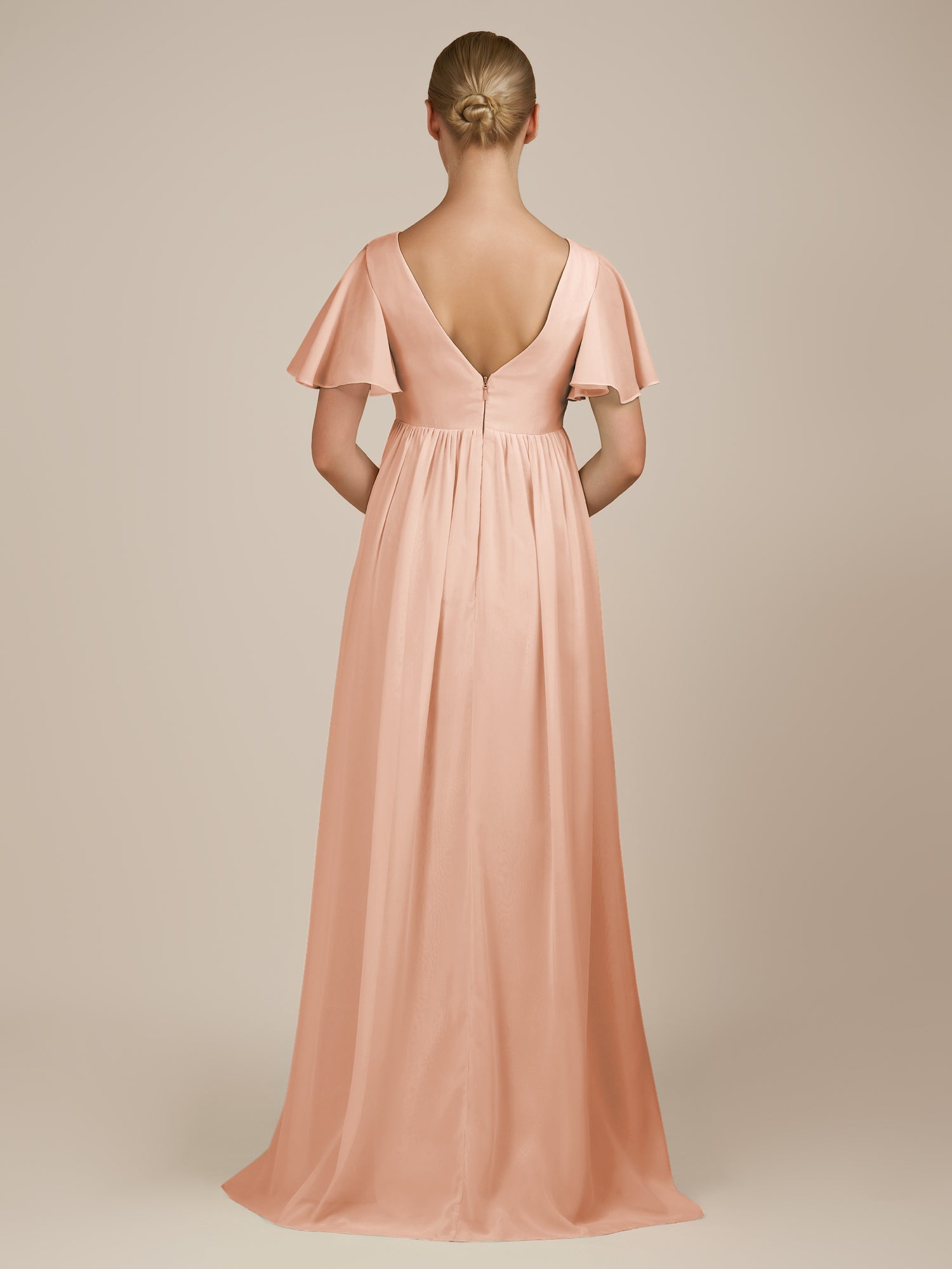 KissDress-Junia English Rose A Line V Neck Chiffon Cap Sleeves Long Bridesmaid Dress with Slit