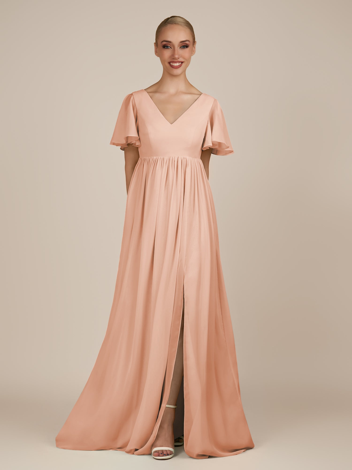 KissDress-Junia English Rose A Line V Neck Chiffon Cap Sleeves Long Bridesmaid Dress with Slit
