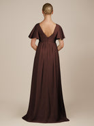 KissDress-Junia Espresso A Line V Neck Chiffon Cap Sleeves Long Bridesmaid Dress with Slit