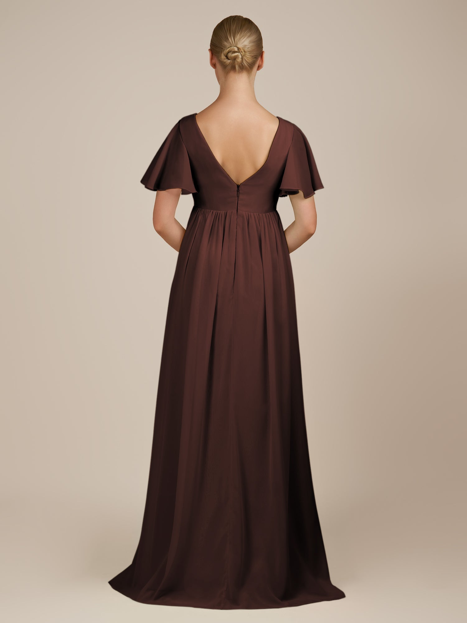 KissDress-Junia Espresso A Line V Neck Chiffon Cap Sleeves Long Bridesmaid Dress with Slit