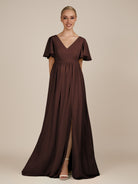 KissDress-Junia Espresso A Line V Neck Chiffon Cap Sleeves Long Bridesmaid Dress with Slit