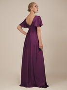 KissDress-Junia Fig A Line V Neck Chiffon Cap Sleeves Long Bridesmaid Dress with Slit