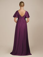 KissDress-Junia Fig A Line V Neck Chiffon Cap Sleeves Long Bridesmaid Dress with Slit
