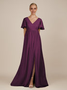 KissDress-Junia Fig A Line V Neck Chiffon Cap Sleeves Long Bridesmaid Dress with Slit