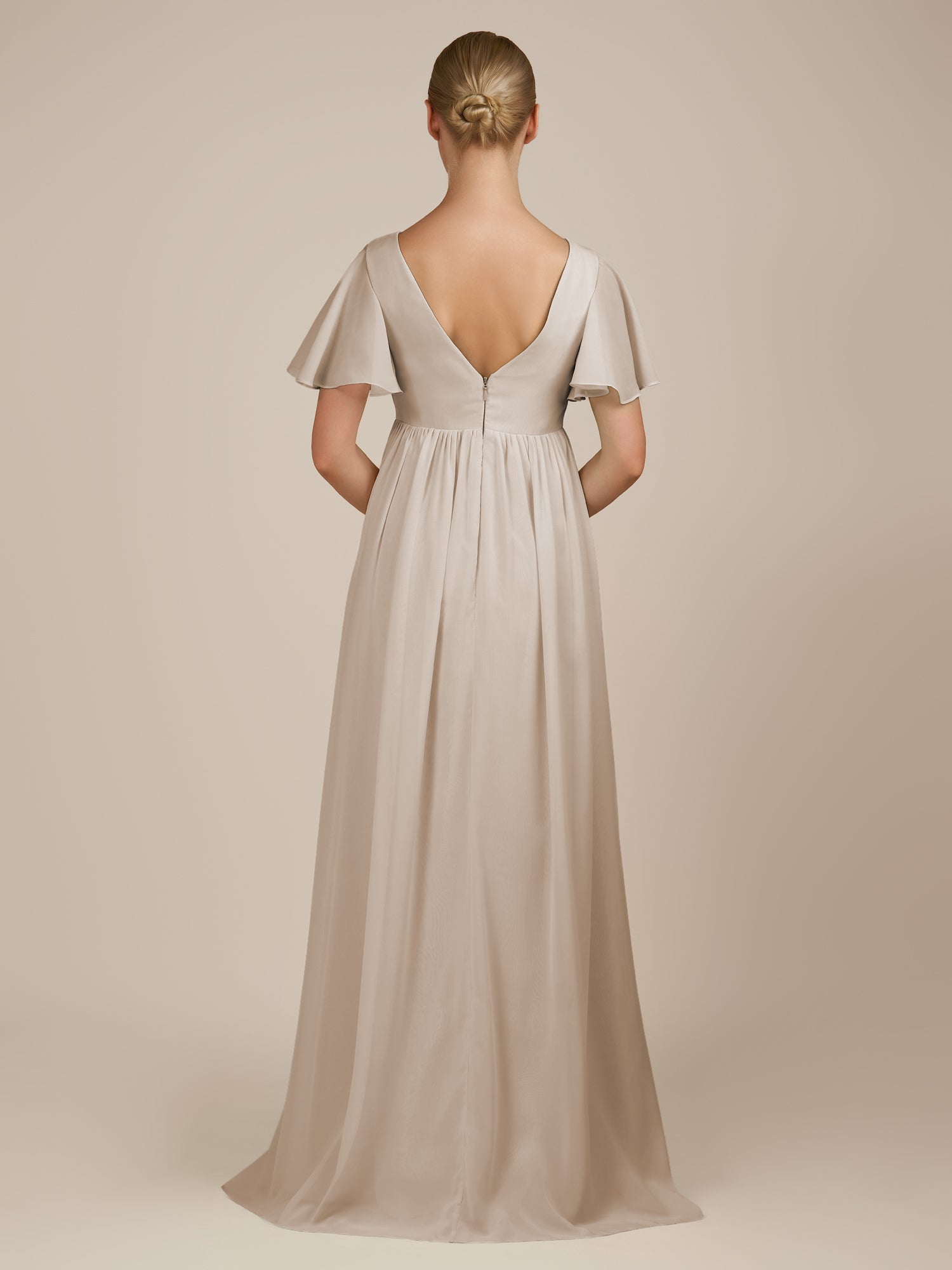 KissDress-Junia Frost A Line V Neck Chiffon Cap Sleeves Long Bridesmaid Dress with Slit