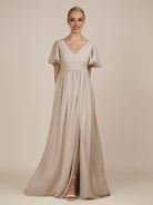 KissDress-Junia Frost A Line V Neck Chiffon Cap Sleeves Long Bridesmaid Dress with Slit