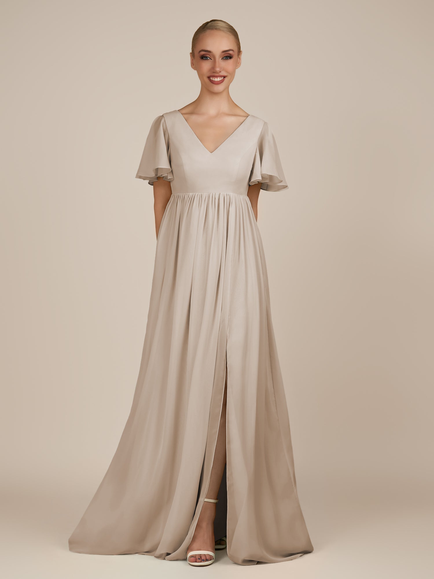 KissDress-Junia Frost A Line V Neck Chiffon Cap Sleeves Long Bridesmaid Dress with Slit