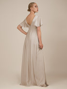 KissDress-Junia Frost A Line V Neck Chiffon Cap Sleeves Long Bridesmaid Dress with Slit
