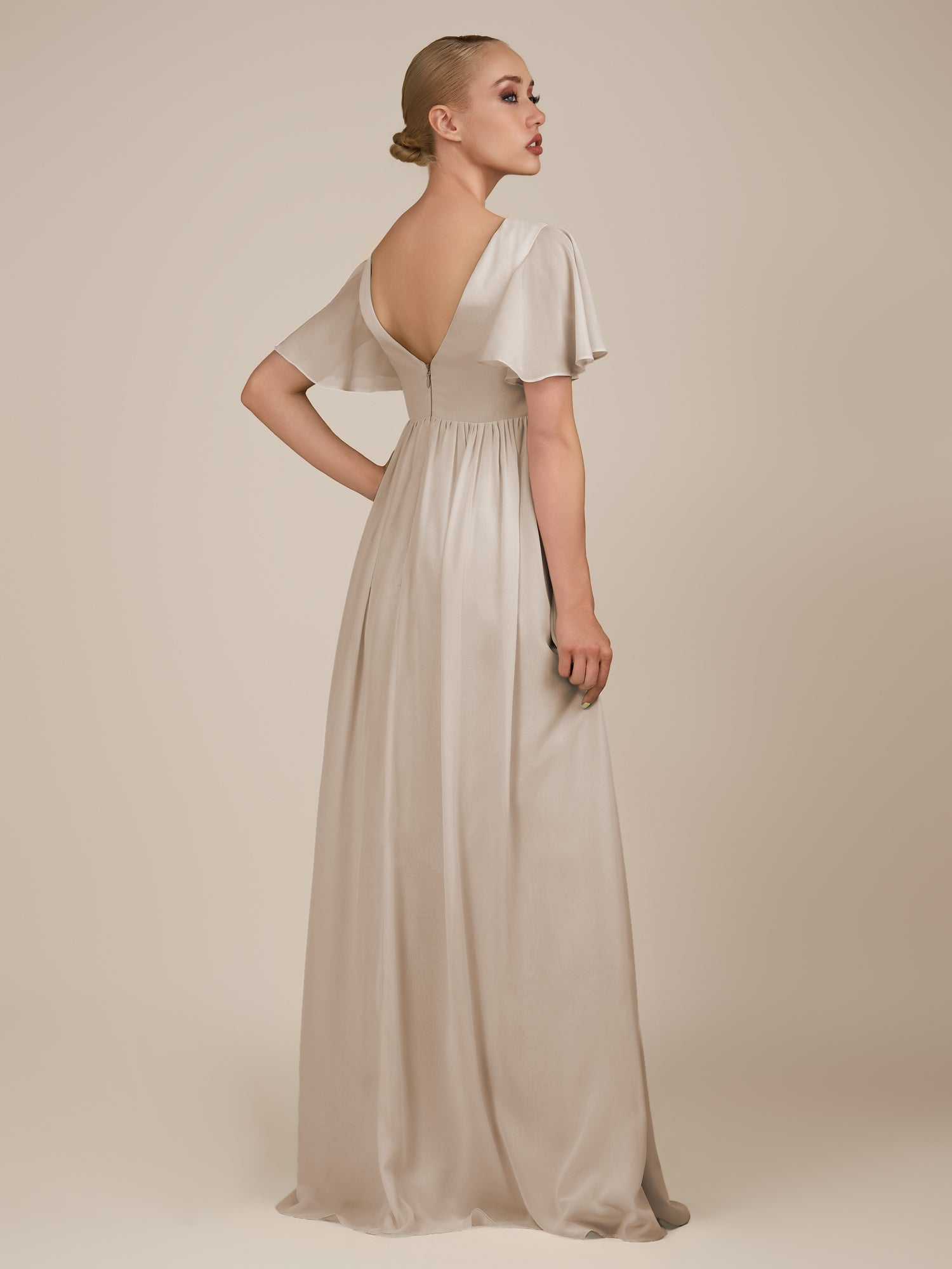 KissDress-Junia Frost A Line V Neck Chiffon Cap Sleeves Long Bridesmaid Dress with Slit
