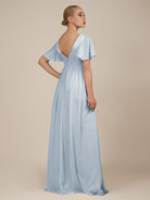 KissDress-Junia Ice A Line V Neck Chiffon Cap Sleeves Long Bridesmaid Dress with Slit