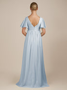 KissDress-Junia Ice A Line V Neck Chiffon Cap Sleeves Long Bridesmaid Dress with Slit