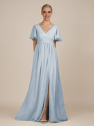 KissDress-Junia Ice A Line V Neck Chiffon Cap Sleeves Long Bridesmaid Dress with Slit