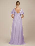 KissDress-Junia Lavender A Line V Neck Chiffon Cap Sleeves Long Bridesmaid Dress with Slit