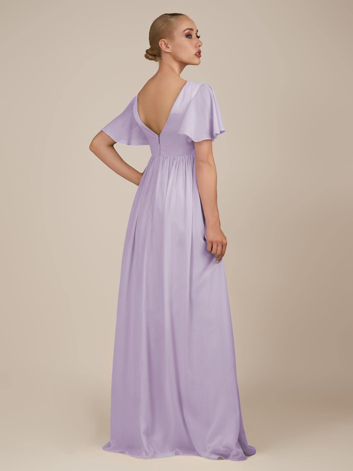 KissDress-Junia Lavender A Line V Neck Chiffon Cap Sleeves Long Bridesmaid Dress with Slit