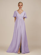 KissDress-Junia Lavender A Line V Neck Chiffon Cap Sleeves Long Bridesmaid Dress with Slit