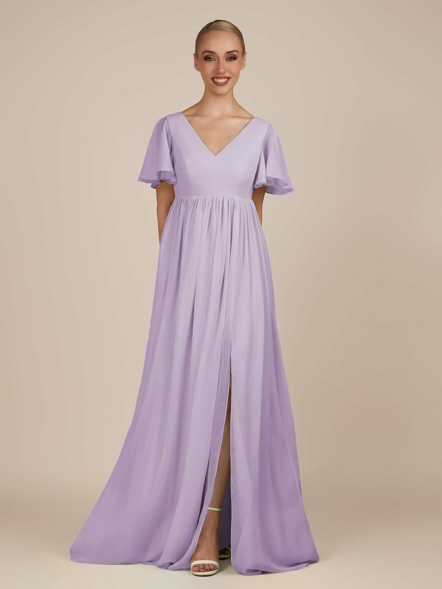 KissDress-Junia Lavender A Line V Neck Chiffon Cap Sleeves Long Bridesmaid Dress with Slit