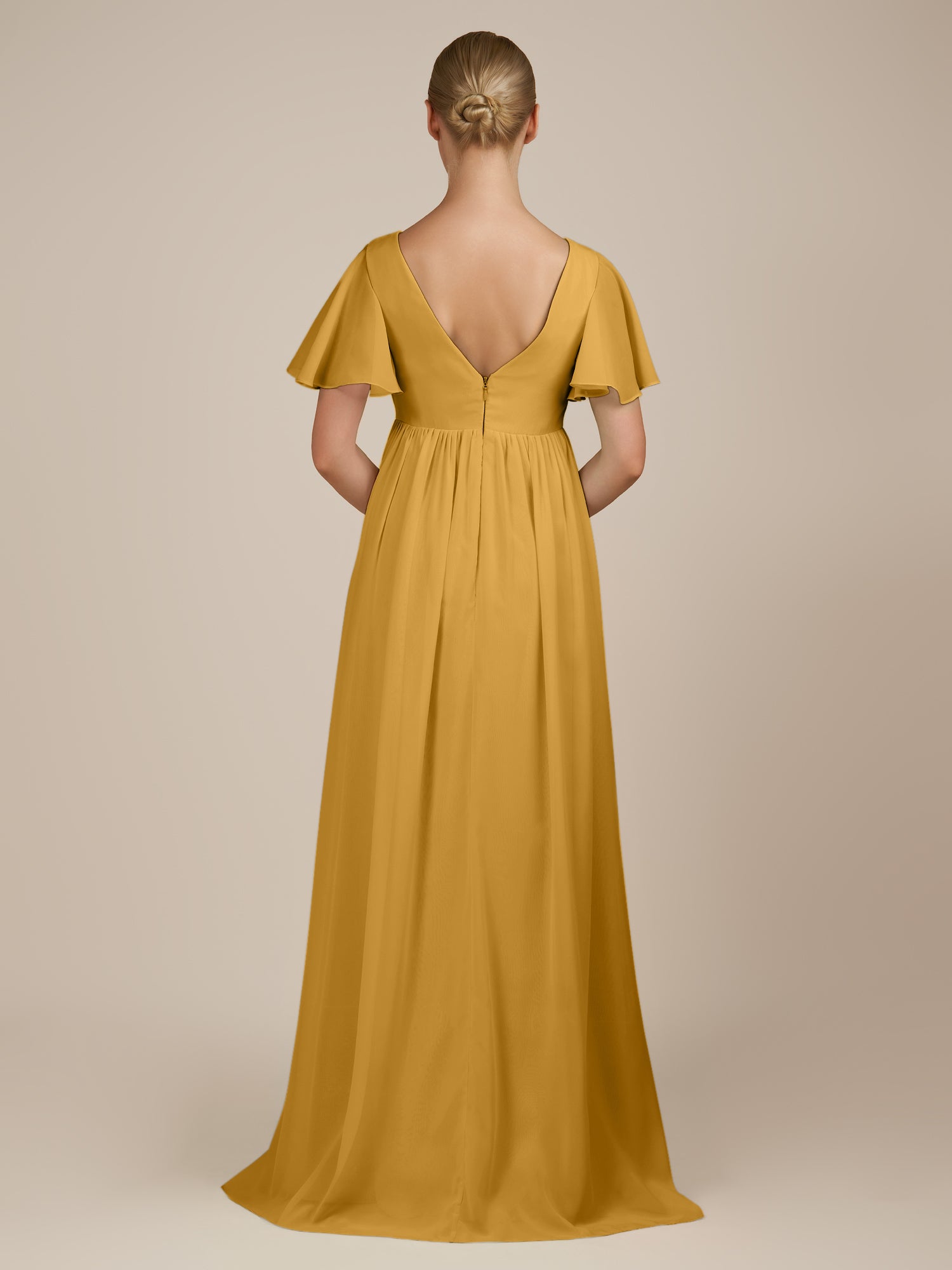 KissDress-Junia Marigold A Line V Neck Chiffon Cap Sleeves Long Bridesmaid Dress with Slit