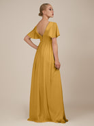 KissDress-Junia Marigold A Line V Neck Chiffon Cap Sleeves Long Bridesmaid Dress with Slit