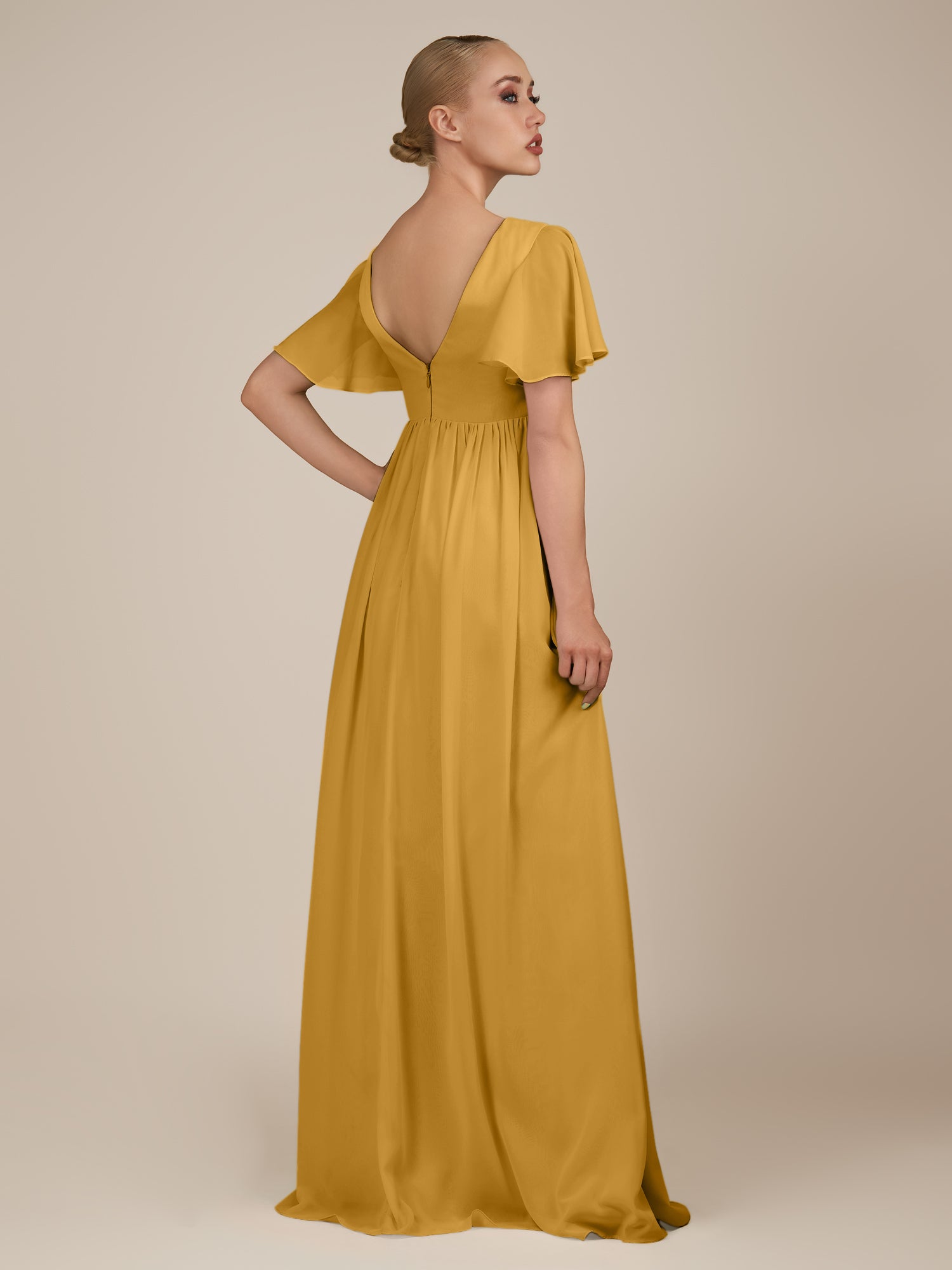KissDress-Junia Marigold A Line V Neck Chiffon Cap Sleeves Long Bridesmaid Dress with Slit