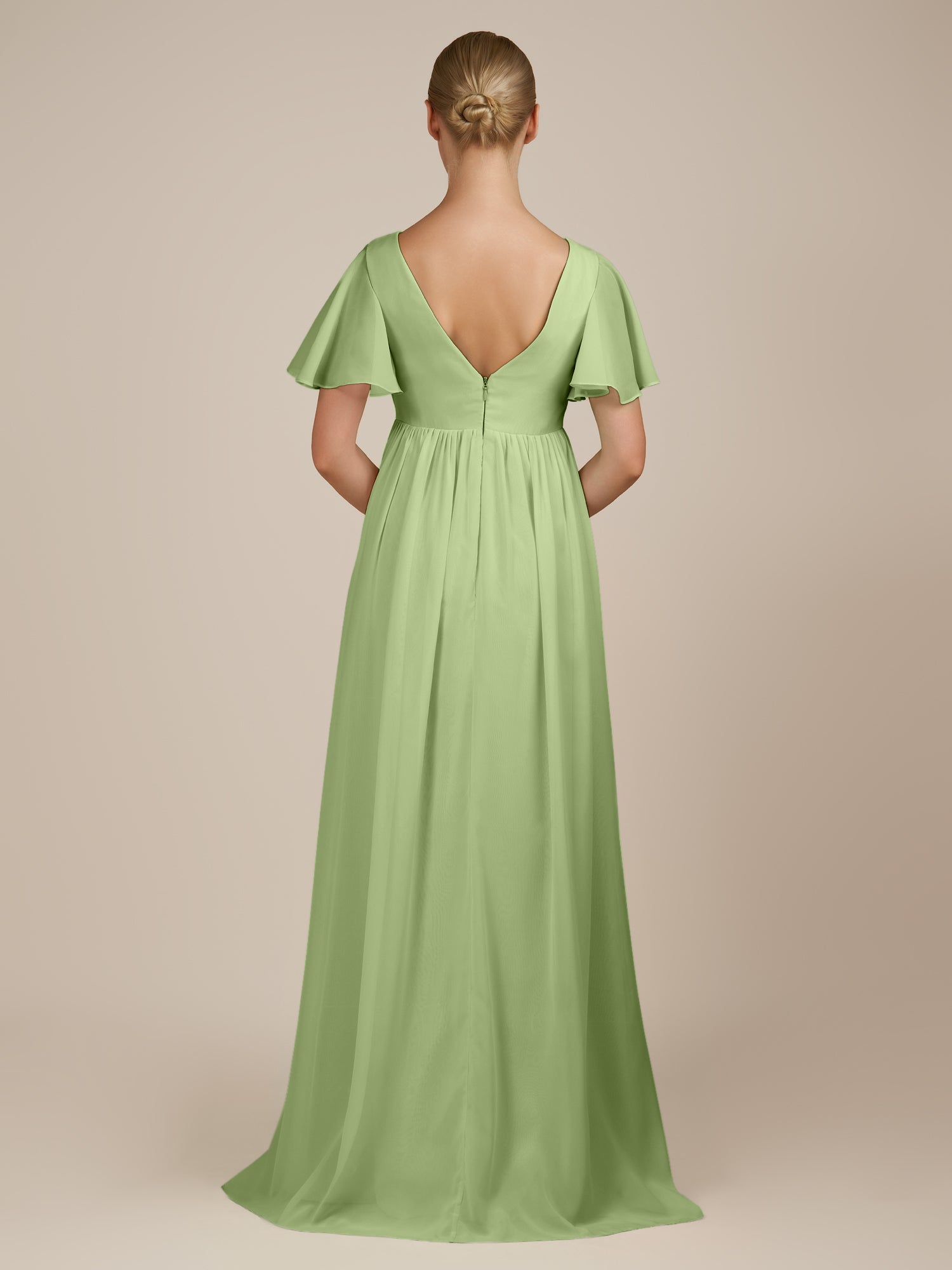 KissDress-Junia Matcha A Line V Neck Chiffon Cap Sleeves Long Bridesmaid Dress with Slit