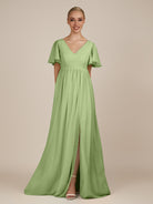 KissDress-Junia Matcha A Line V Neck Chiffon Cap Sleeves Long Bridesmaid Dress with Slit