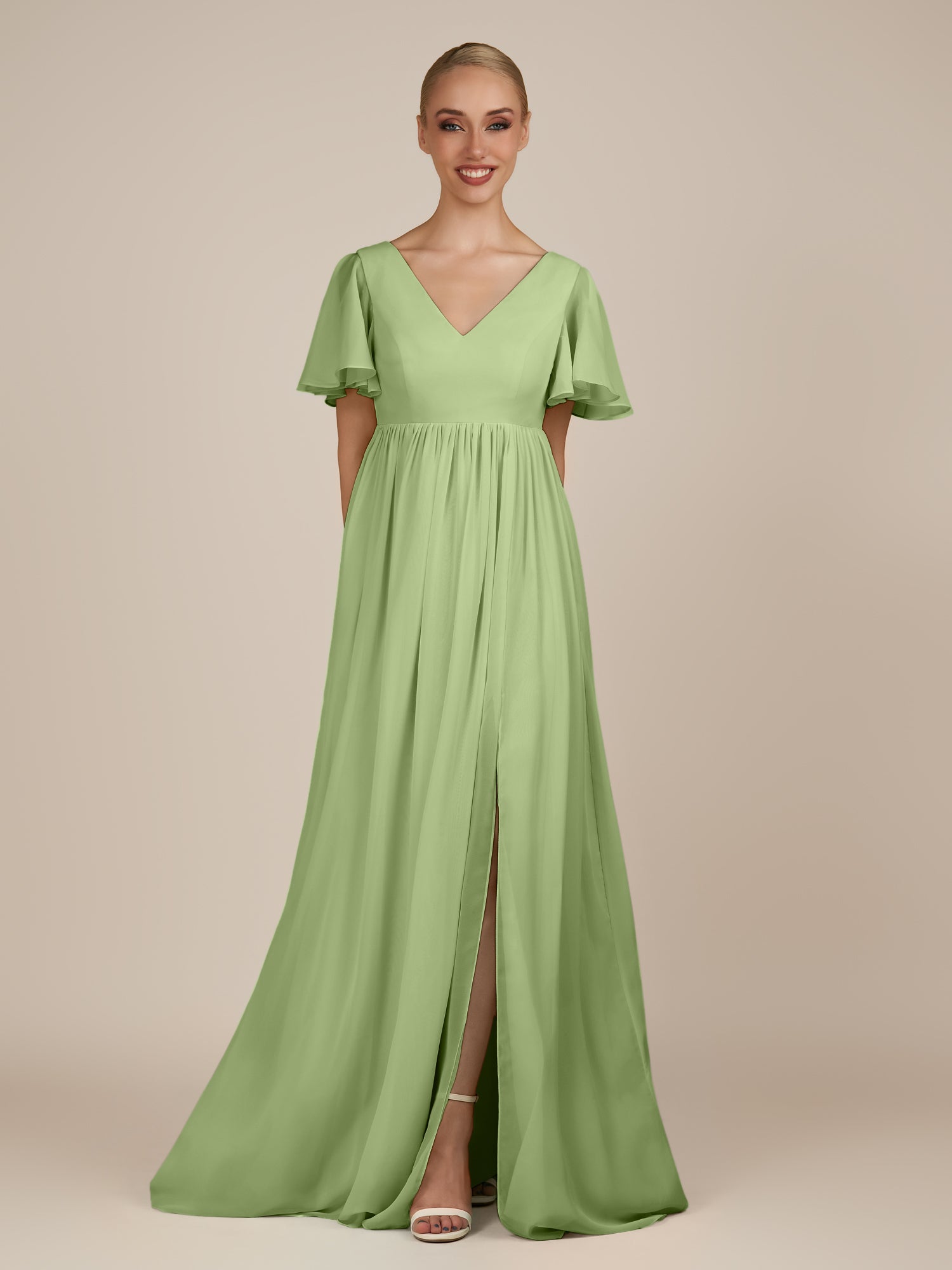 KissDress-Junia Matcha A Line V Neck Chiffon Cap Sleeves Long Bridesmaid Dress with Slit