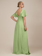 KissDress-Junia Matcha A Line V Neck Chiffon Cap Sleeves Long Bridesmaid Dress with Slit