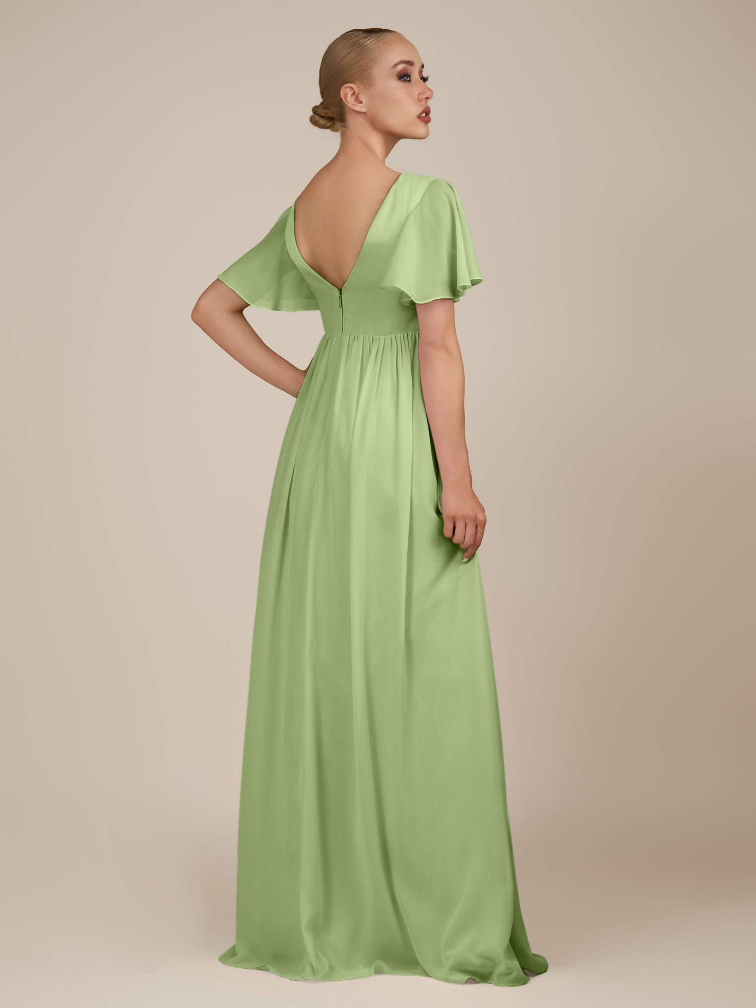 KissDress-Junia Matcha A Line V Neck Chiffon Cap Sleeves Long Bridesmaid Dress with Slit