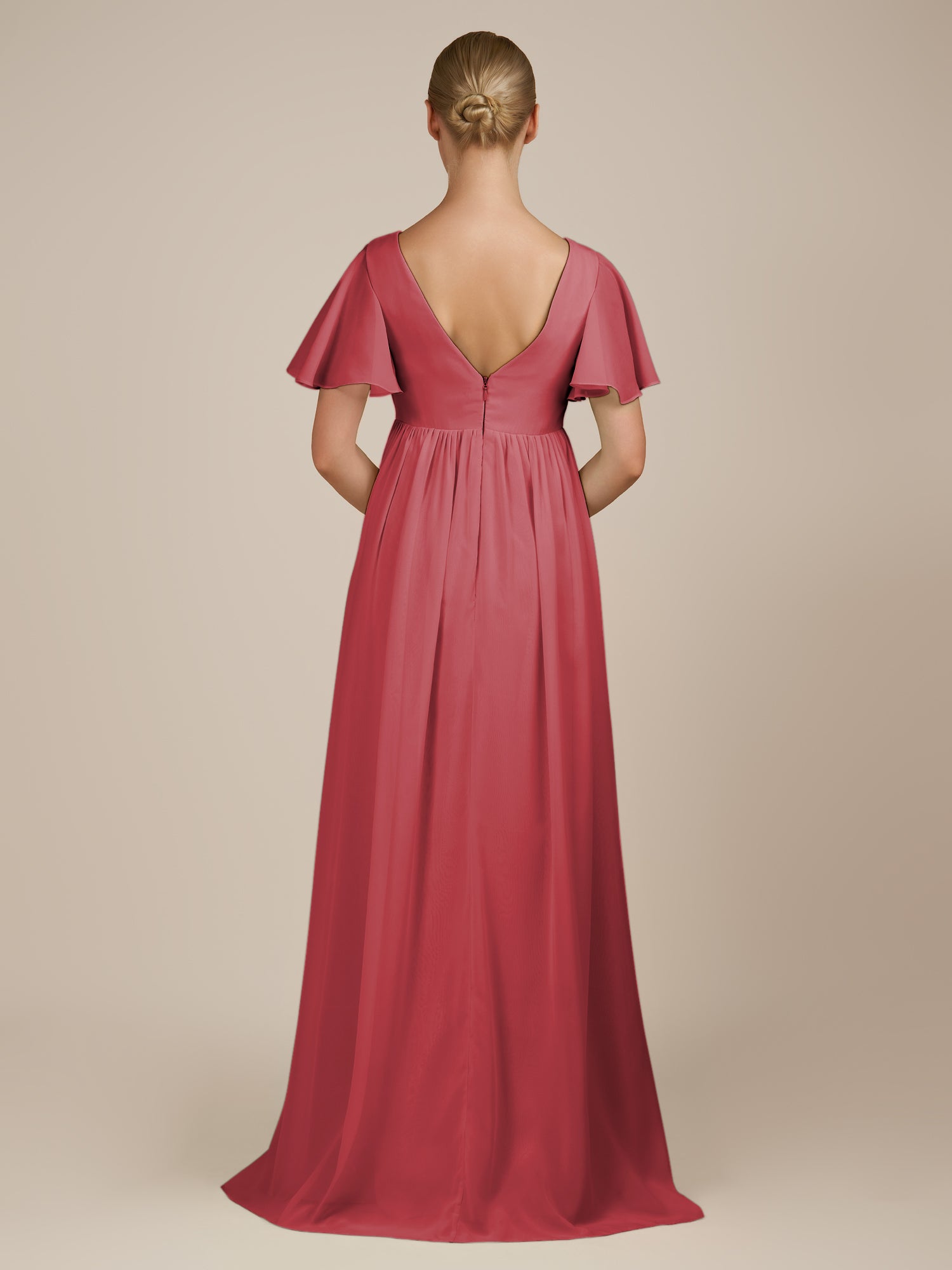 KissDress-Junia Merlot A Line V Neck Chiffon Cap Sleeves Long Bridesmaid Dress with Slit