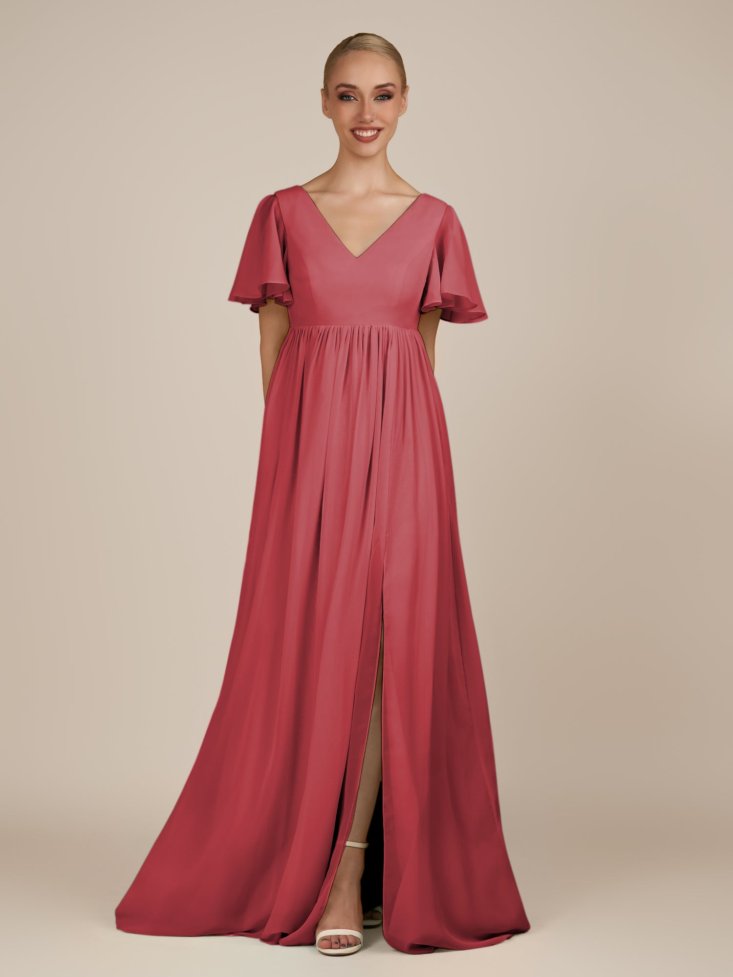 KissDress-Junia Merlot A Line V Neck Chiffon Cap Sleeves Long Bridesmaid Dress with Slit