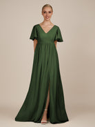 KissDress-Junia Moss A Line V Neck Chiffon Cap Sleeves Long Bridesmaid Dress with Slit