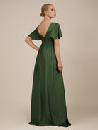 KissDress-Junia Moss A Line V Neck Chiffon Cap Sleeves Long Bridesmaid Dress with Slit