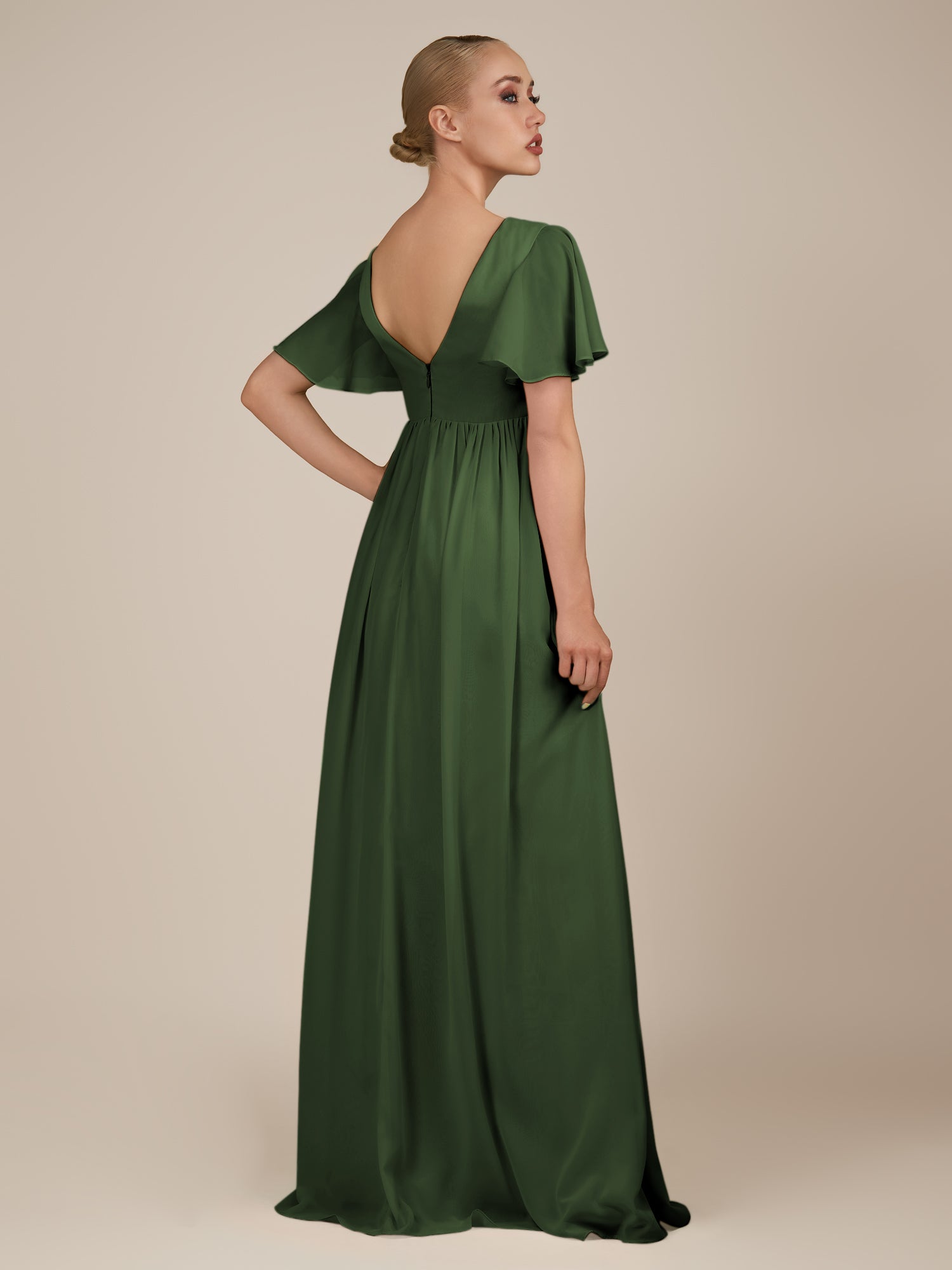KissDress-Junia Moss A Line V Neck Chiffon Cap Sleeves Long Bridesmaid Dress with Slit