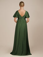 KissDress-Junia Moss A Line V Neck Chiffon Cap Sleeves Long Bridesmaid Dress with Slit