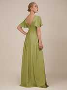 KissDress-Junia Moss Green A Line V Neck Chiffon Cap Sleeves Long Bridesmaid Dress with Slit
