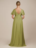 KissDress-Junia Moss Green A Line V Neck Chiffon Cap Sleeves Long Bridesmaid Dress with Slit