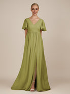 KissDress-Junia Moss Green A Line V Neck Chiffon Cap Sleeves Long Bridesmaid Dress with Slit