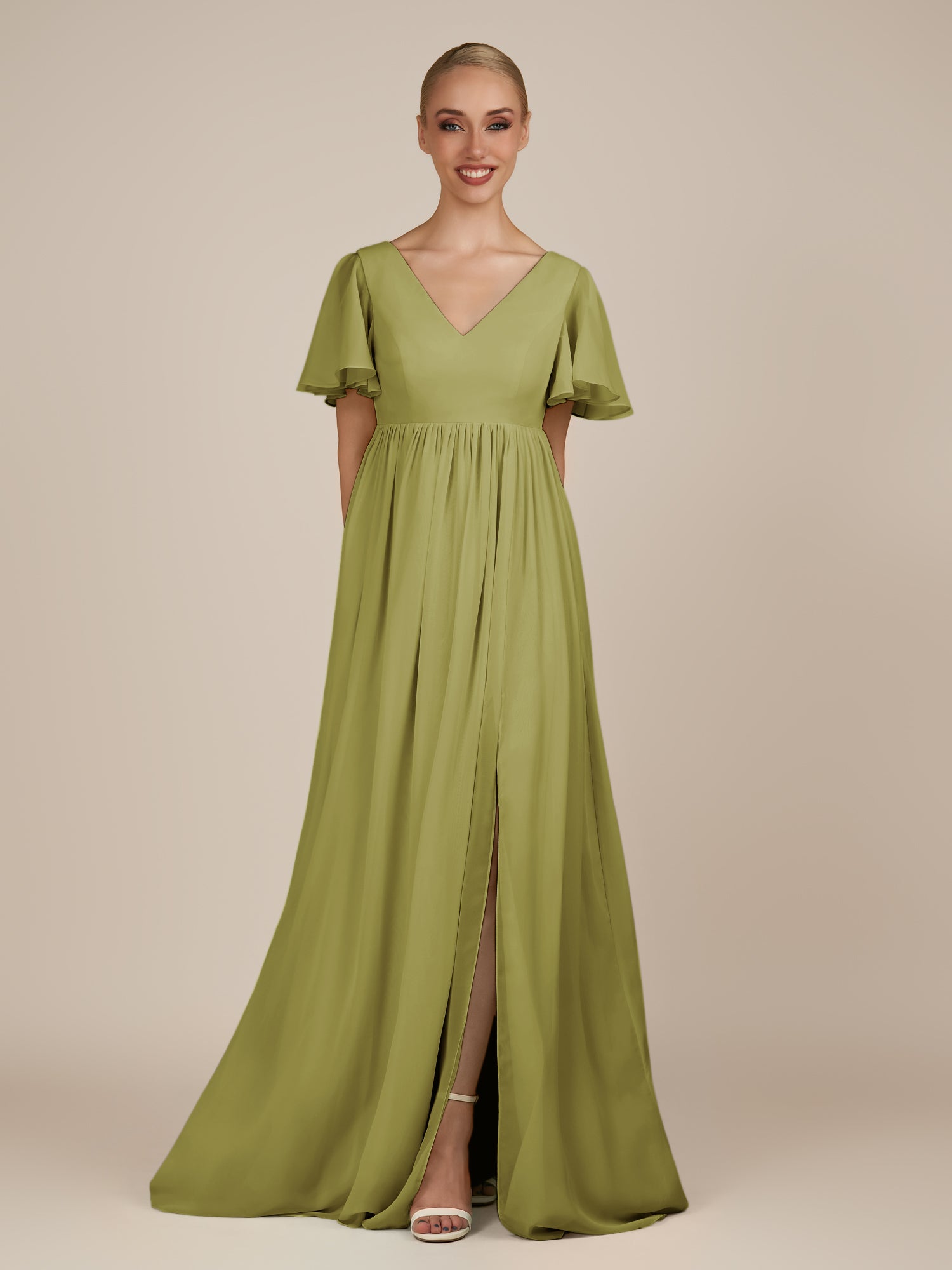 KissDress-Junia Moss Green A Line V Neck Chiffon Cap Sleeves Long Bridesmaid Dress with Slit