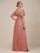 KissDress-Junia Mulberry A Line V Neck Chiffon Cap Sleeves Long Bridesmaid Dress with Slit